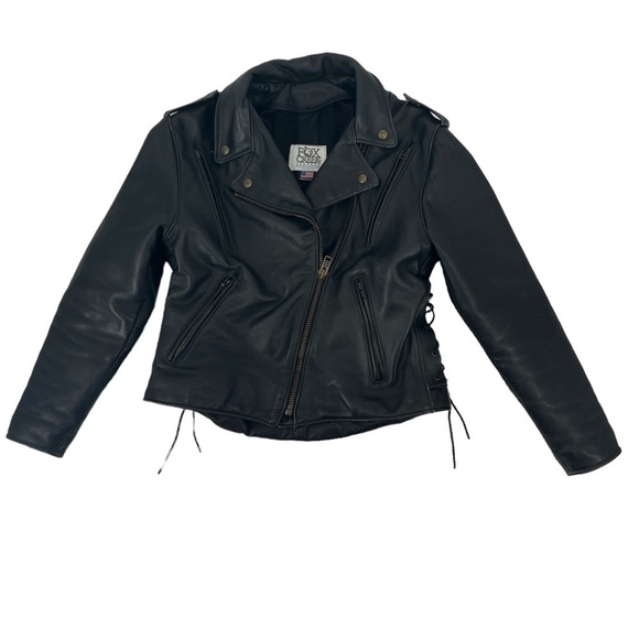 𝅺FOX CREEK Leather Moto Bikercore Gorpcore Motorcycle Jacket SZ Large - Picture 4 of 15